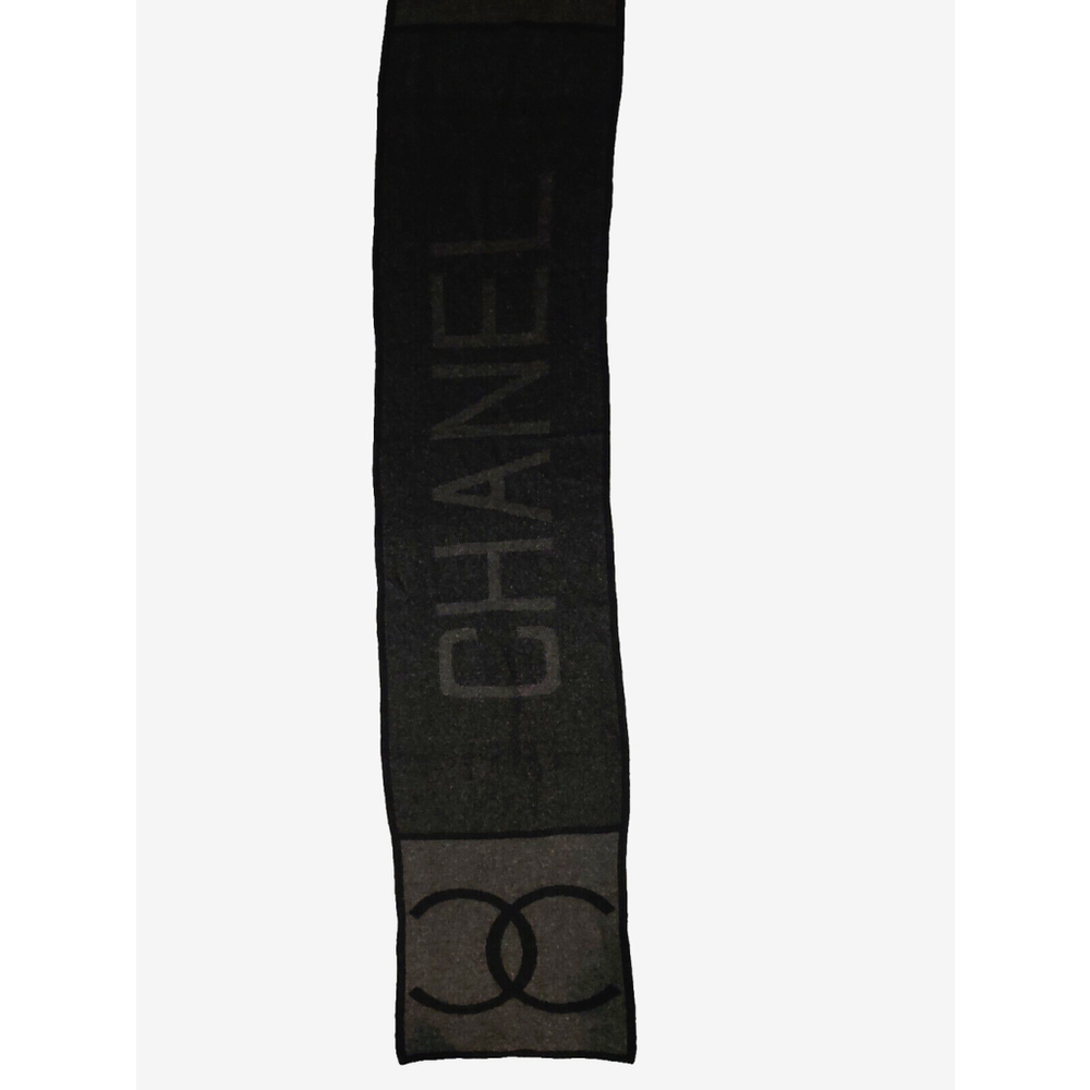 CHANEL Black & Charcoal Gray 100% Wool Reversible Long Scarf - Picture 2 of 11